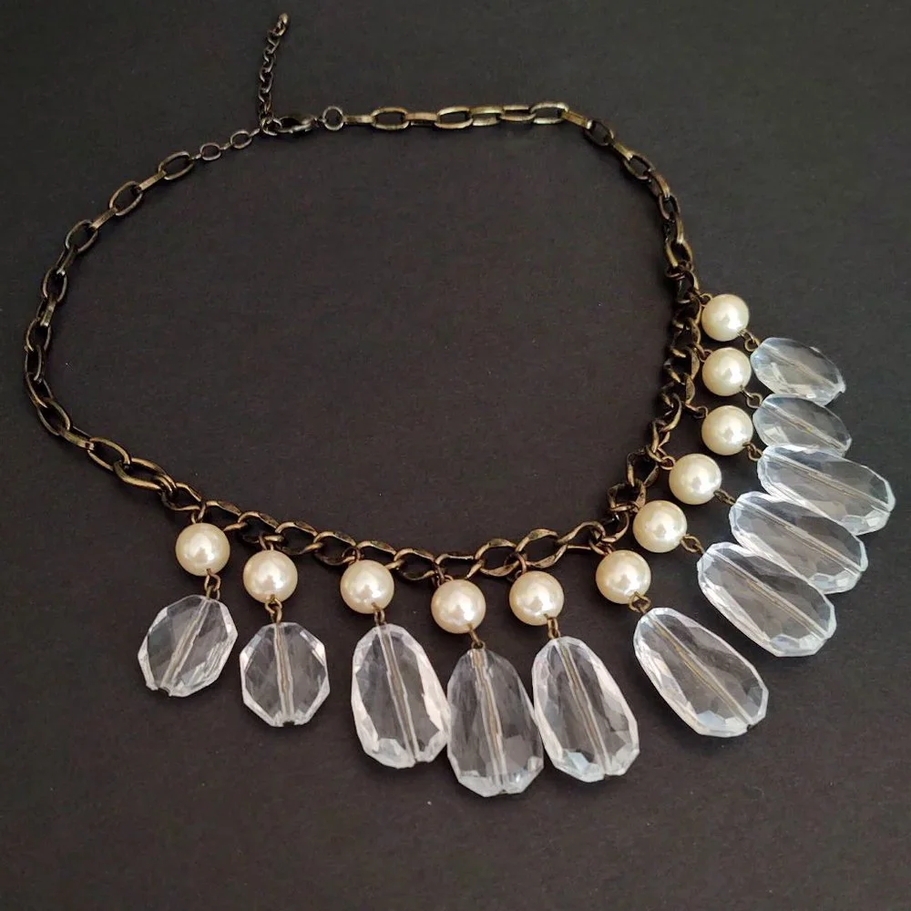 Faux pearl and clear bead dangle statement necklace